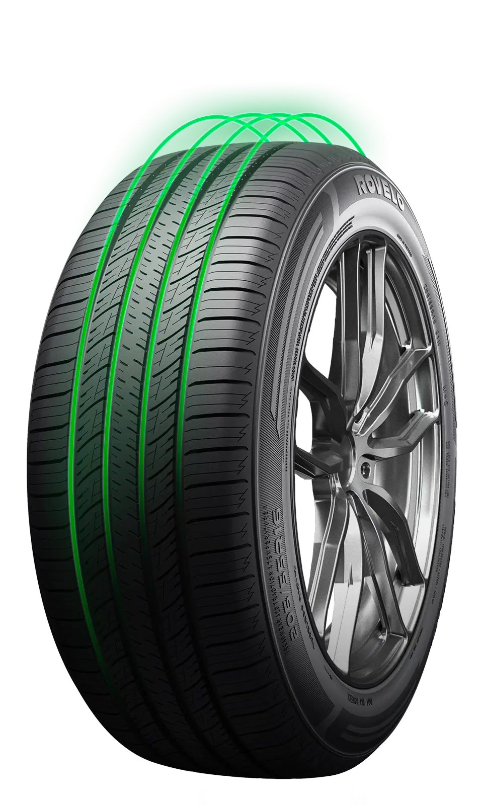 Rovelo all season tire on alloy wheel featuring green-highlighted tread grooves