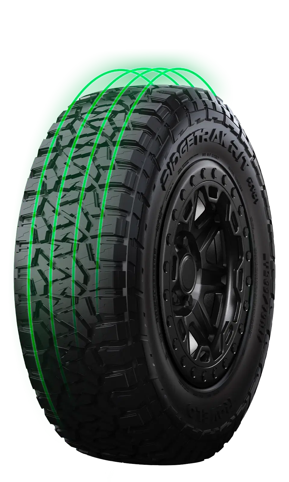 Aggressive Ridgetrak R/T all terrain truck tire showing deep off-road tread and black alloy wheel