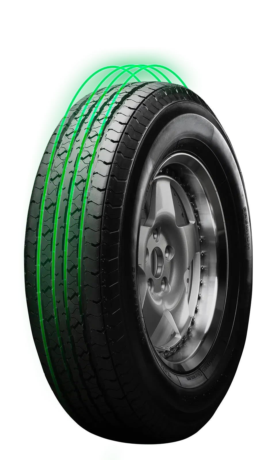 Commercial truck tire on rim with highlighted four-rib tread, designed for highway traction and fuel efficiency
