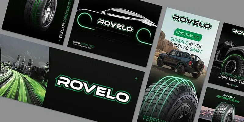 Rovelo branding showcasing Ridgestone tires, highlighting durability and performance for light trucks and SUVs