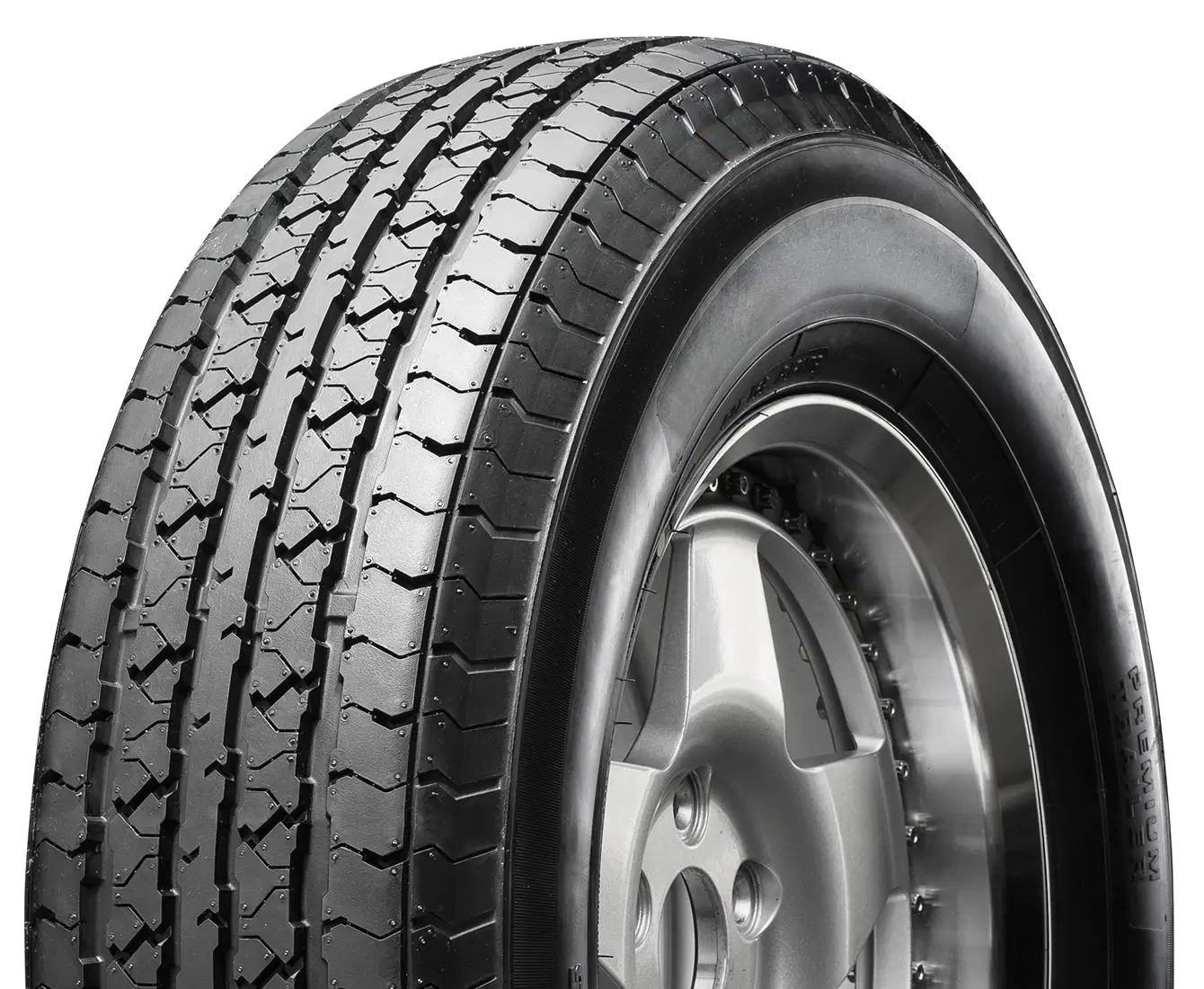 Performance tire showcasing a detailed tread pattern designed for optimal road grip and handling on vehicles.