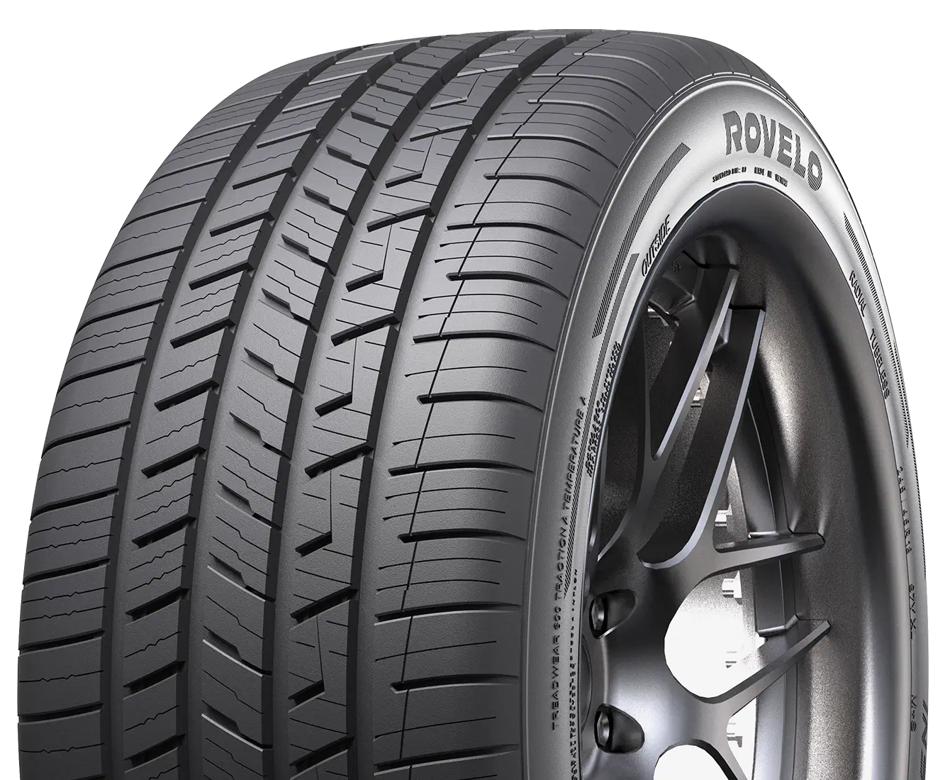 Close-up view of Rovelo performance tires showcasing detailed tread pattern for enhanced grip and handling