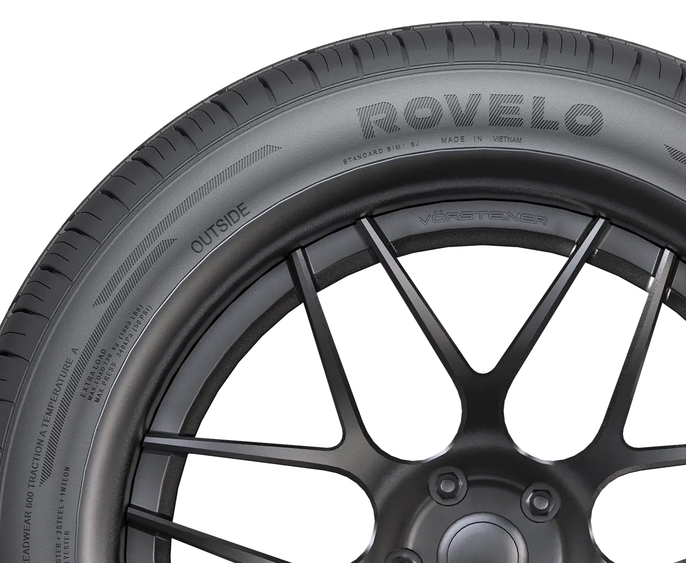 Premium Rovelo tire mounted on a sleek black alloy wheel, featuring detailed tread design for enhanced grip.
